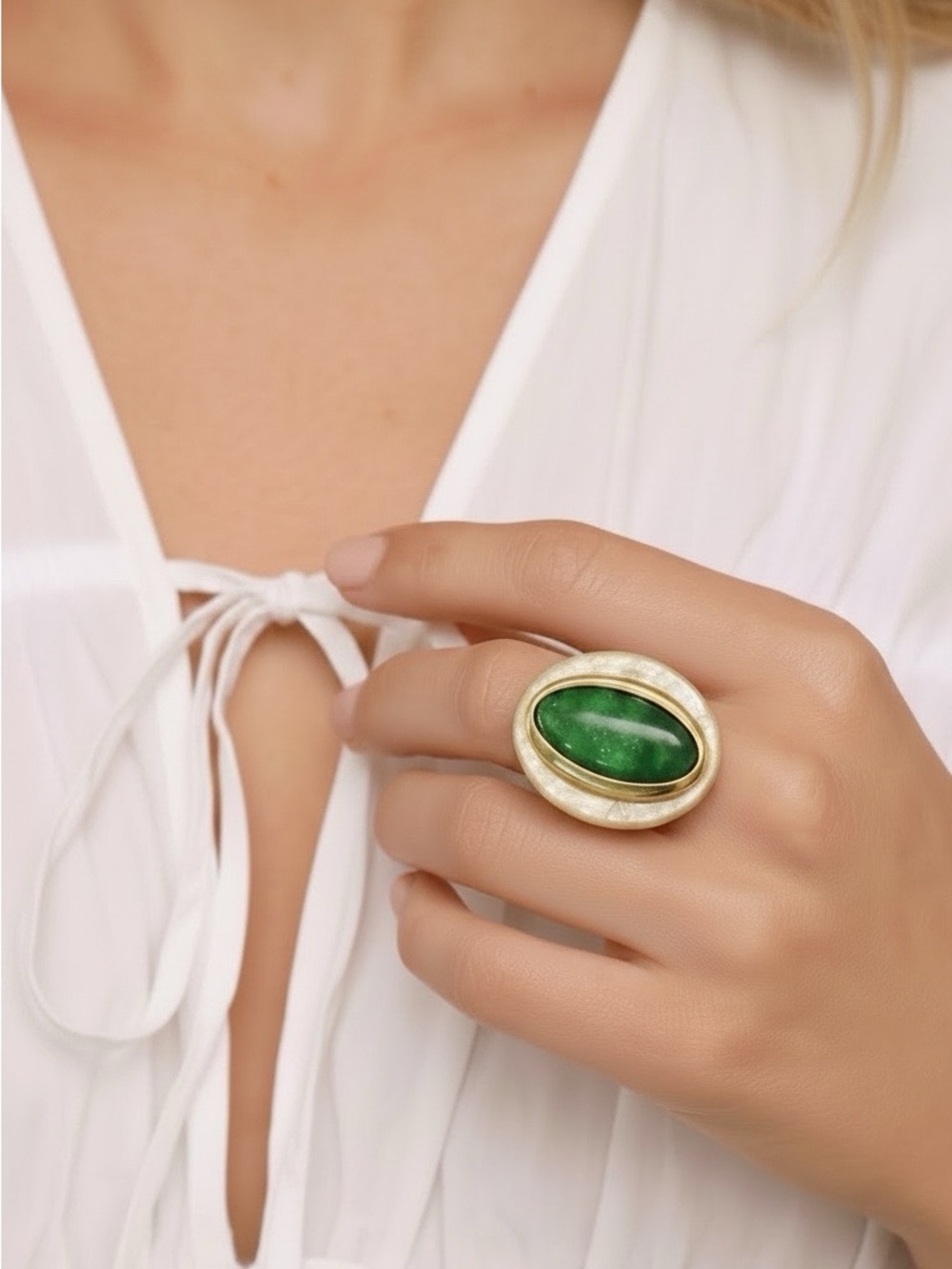 Source Unknown Gold Ring with Green Oval Stone